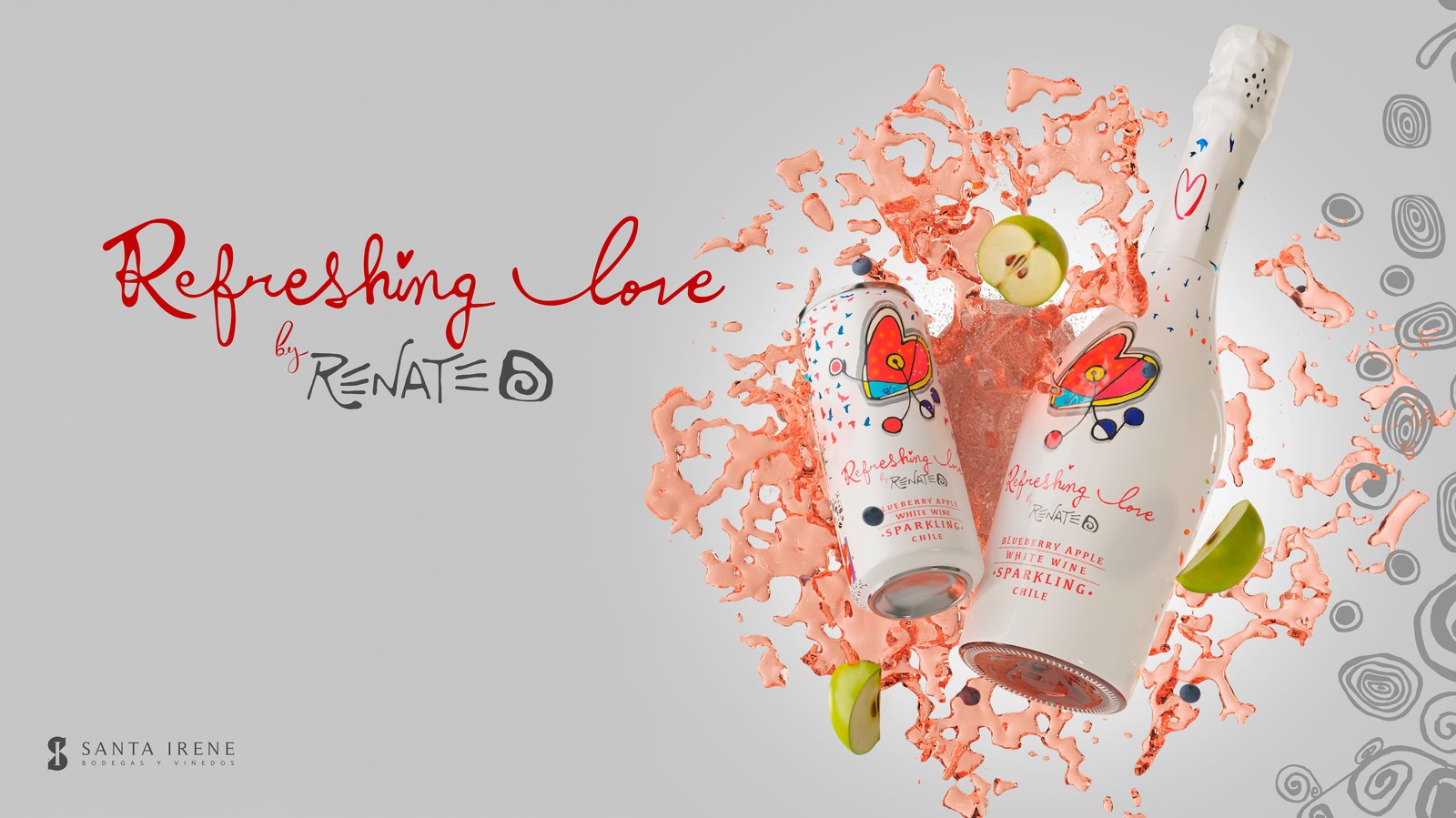 Refreshing Love — botella y lata con splash editorial